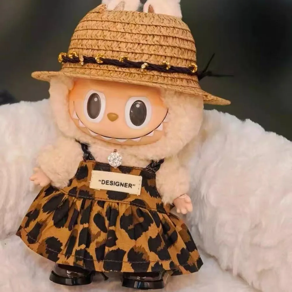 Para 17cm labubu v2 v1 mini boneca roupas enrugadas vestido de malha chapéu de palha estilo férias labubu roupas ropa labubu