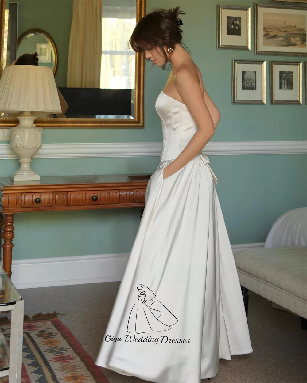 Giyu Simple A-line Wedding Dresses For Woman Strapless Sleeveless Bridal Gown Customized Ankle-Length Wedding Party Dress ﻿ ﻿
