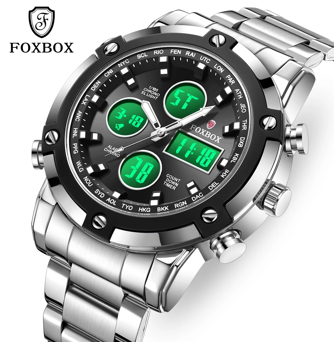 

Мужские аналоговые кварцевые часы FOXBOX, роскошный бренд, двойной дисплей, водонепроницаемые, модные спортивные наручные часы, 3 времени зон, LED-дисплей.