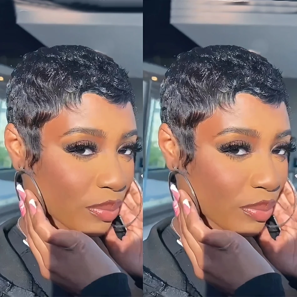 픽시컷 컬러 인모 가발 (앞머리 포함) 여성용 풀머신 제작 가발, 내추럴 브라운 99J, 파티 및 데일리룩