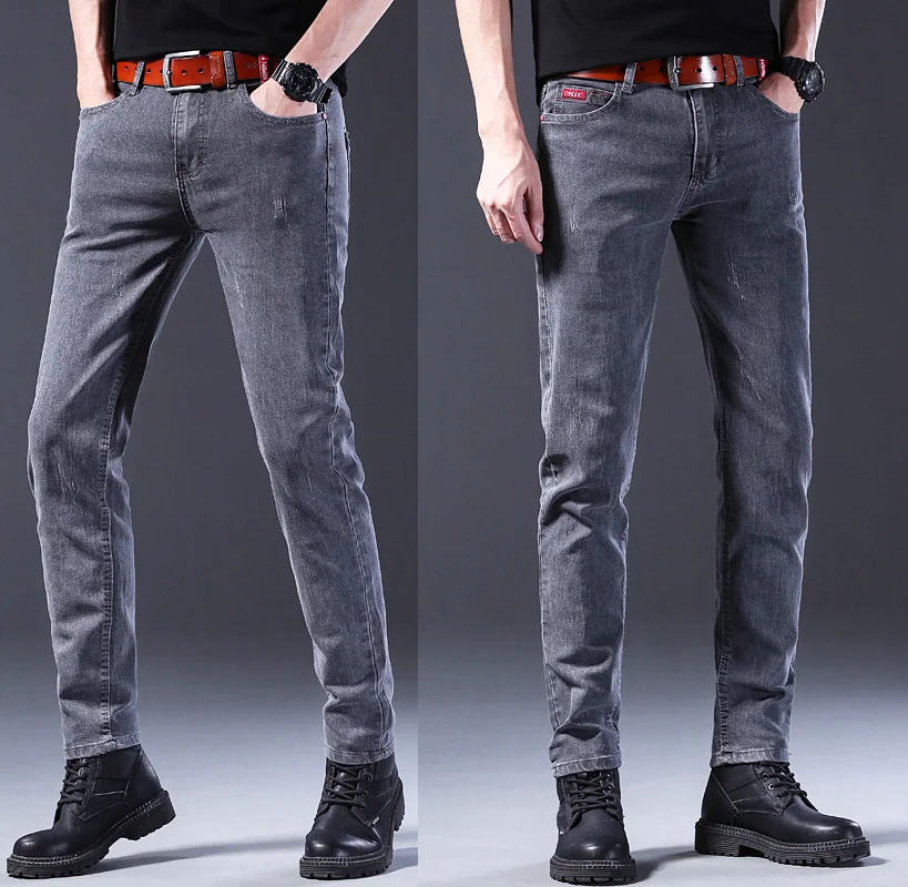 Men Comfortable Cotton Fashion European American Style Stretch Jeans Luxury Men's Denim Pants Slim Straight Grey Denim Pants