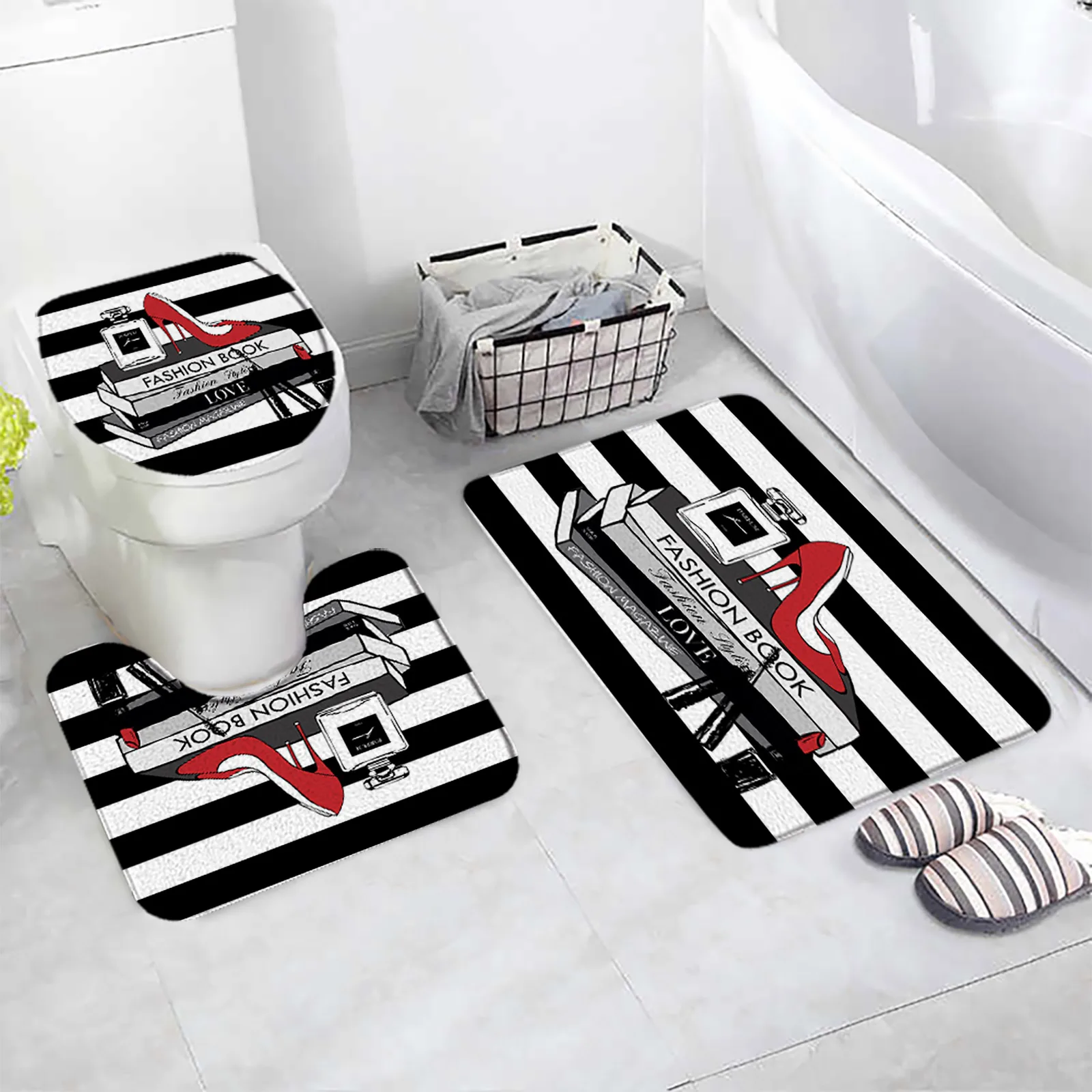 Pink Floral Perfumed Bath Mat Set Hello Gorgeous Black White Stripe Fashion Home Carpet Bathroom Decor Floor Rugs Toilet Cover