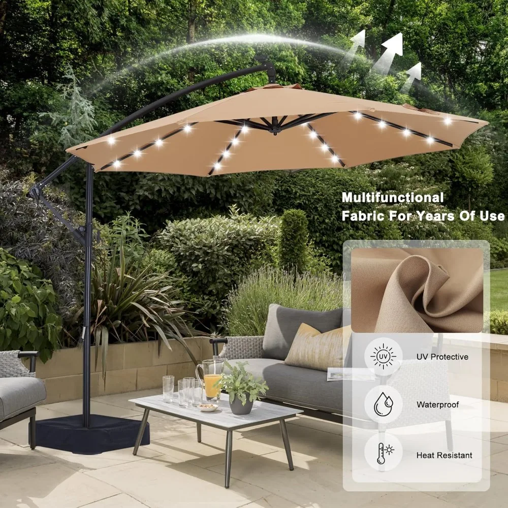 Ombrelloni da giardino a LED da 10 piedi, ombrellone a sbalzo con base, 360 °   Cornice fissa bonus per ombrellone offset illuminato da esterno con rotazione