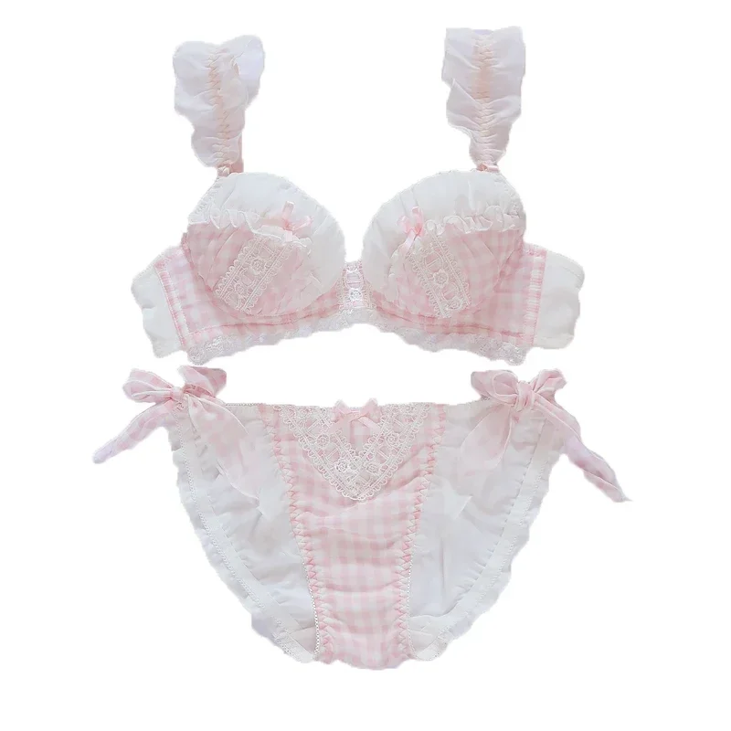 sweet sexy lingerie female small chest gathered cute loli bow mesh bra and panties underwear set sexy young girl push-up bra set