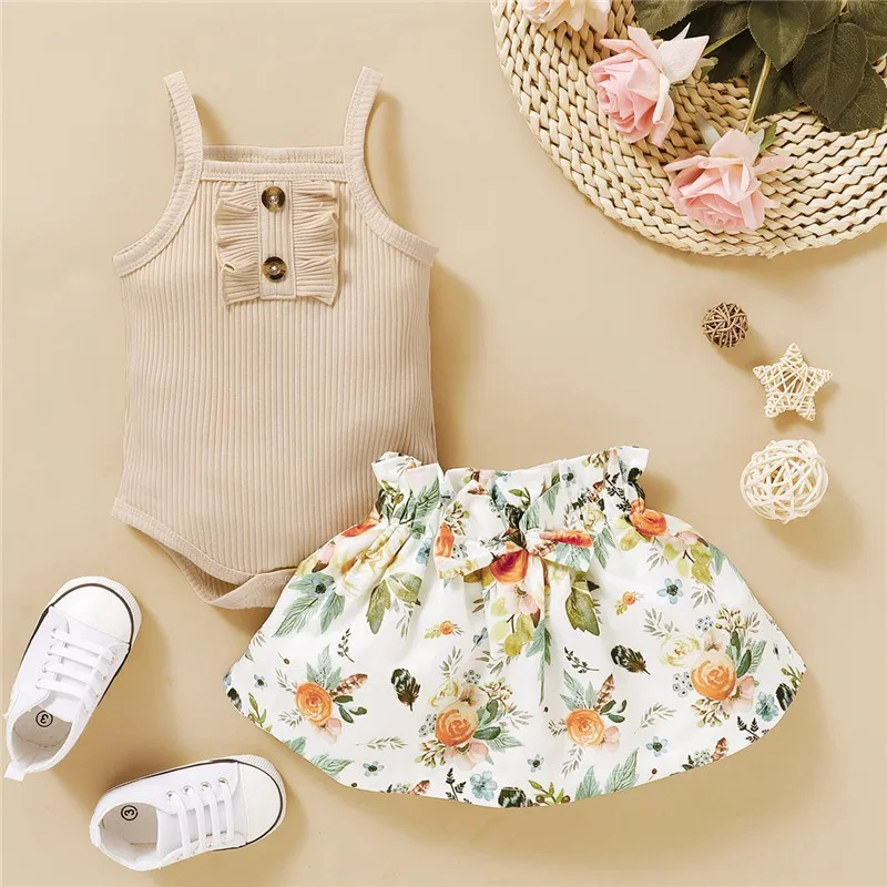 Newborn Baby Girl Clothes Set Stripes Button Solid Suspenders Vest Romper Floral Short Dress 2pcs Outfits