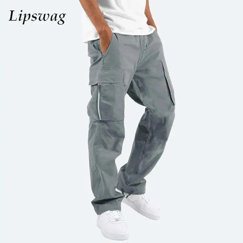 

Trendy Mens Zip-up Pockets Cargo Pants 2024 Spring Fall Casual Pure Color Loose Straight Trousers New Men Clothing Hip Hop Pants