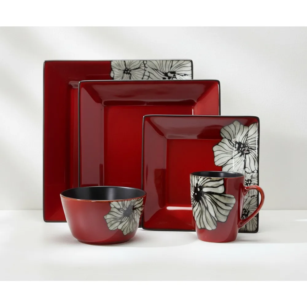 

Red Floral Stoneware Dinnerware Set, 16-Piece for Family Dining, Elegant & Durable
