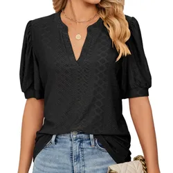 Fashion New T Shirts For Women Vintage Short Sleeve And V-neck Solid Color Tees Casual Elegant Female's Pullover Top 2024 Summer
