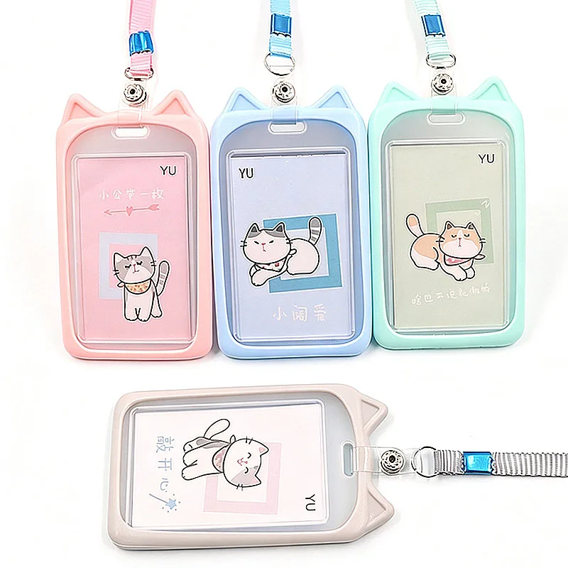 Korean Ins Cat Ear Plastic ID Badge Holder Lanyard Office Staff Work Name Tag Pass Card Cover Student Cute Card Sleeve