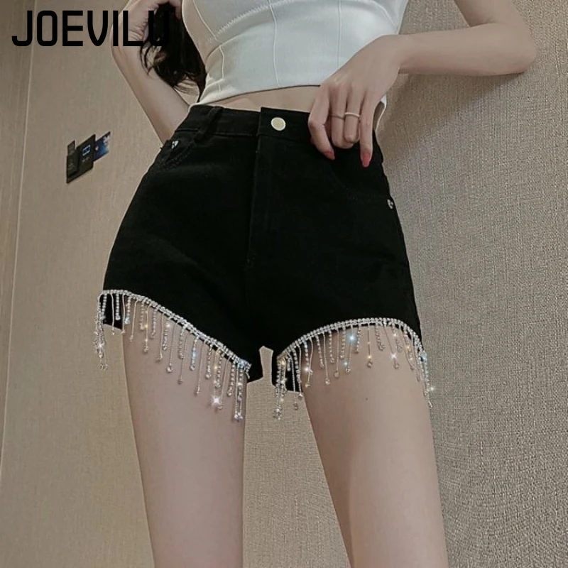 

High Waisted Shorts Women's Summer New Thin Black Slim Thin Shorts Show High Tassel Nail Drill Trend Hot Trousers Women Clothing