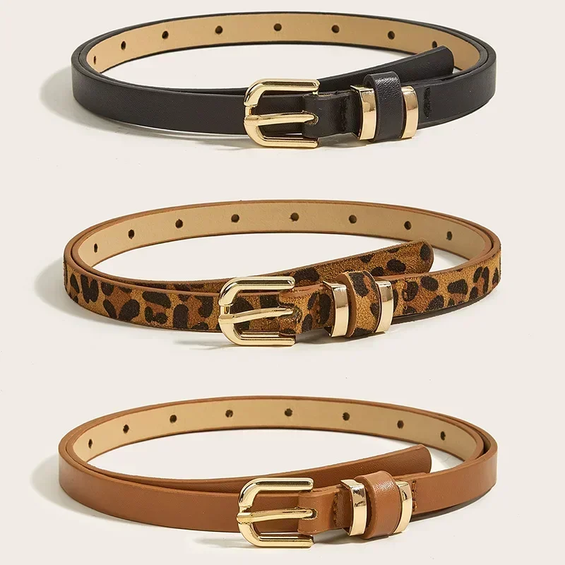 Fashion trend Leopard Print Leather Thin Belt for Women Metal Buckle Waist Strap Designer Female Trouser Dress Coat Decoration