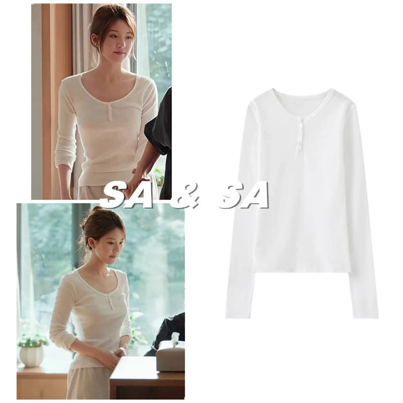 

Sli Slim Fit Long Sve Женская белая футболка с низким круглым вырезом Повседневный хлопковый топ Ele Простой дизайн для повседневной носки