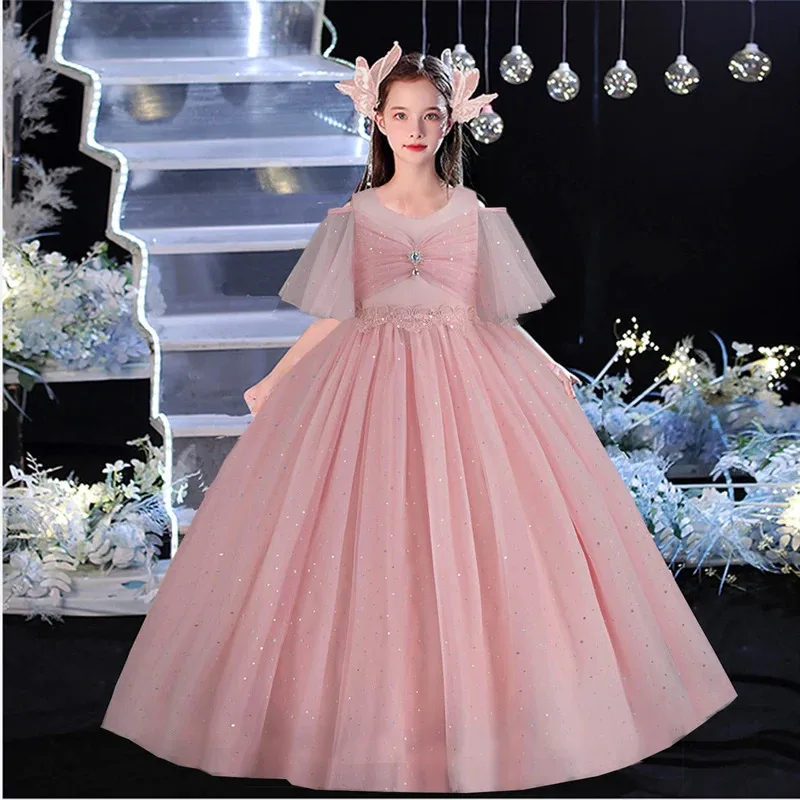 Brillant enfant en bas âge superbe petites grandes filles épaules dénudées paillettes princesse fleur fille fête d'anniversaire robe de concours longueur de plancher 551