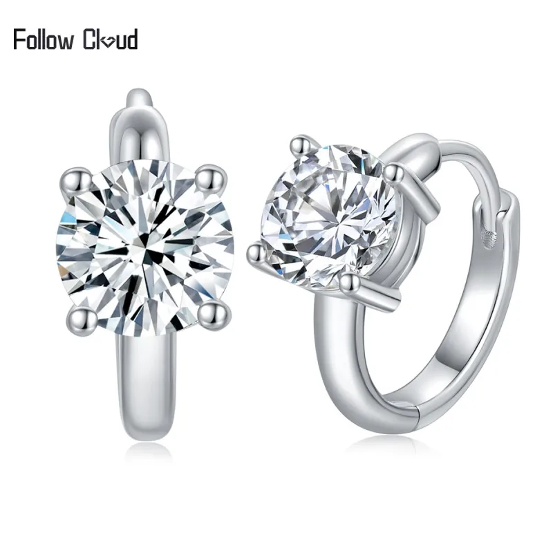 Follow Cloud 1.0ct 6.5mm Moissanite Hoop Earrings 925 Sterling Sliver Plated White Gold Sparkling Wedding Ear Buckle for Women