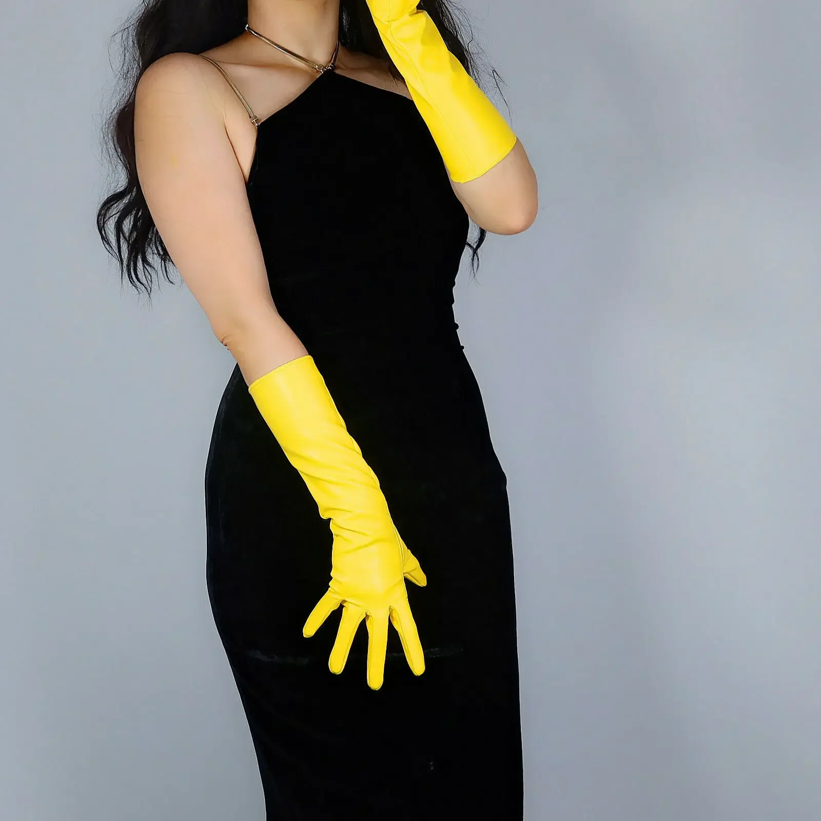 Bright Yellow GLOVES 40cm Elbow Long Faux PU Length Banana Yellow Christmas Party Costume Cosplay Evening Glove view 3