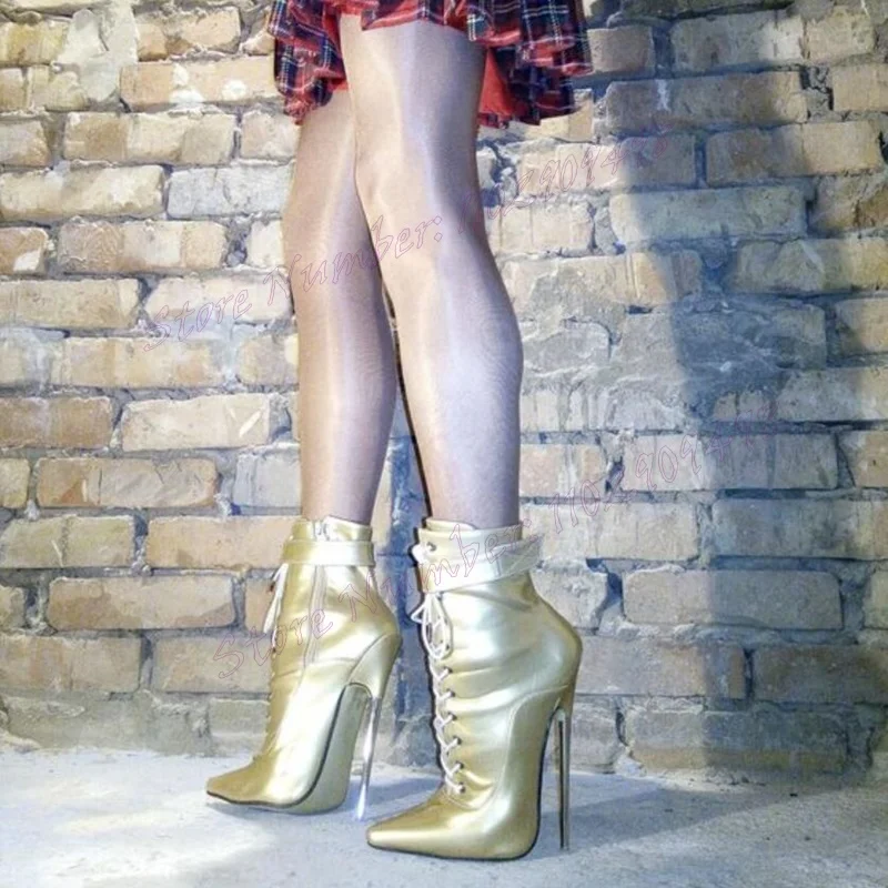 Golden Strappy Metal Heels Ankle Boots Patent Leather Pointed Toe Shoes for Women High Heels Sexy Shoes 2024 Zapatos Para Mujere