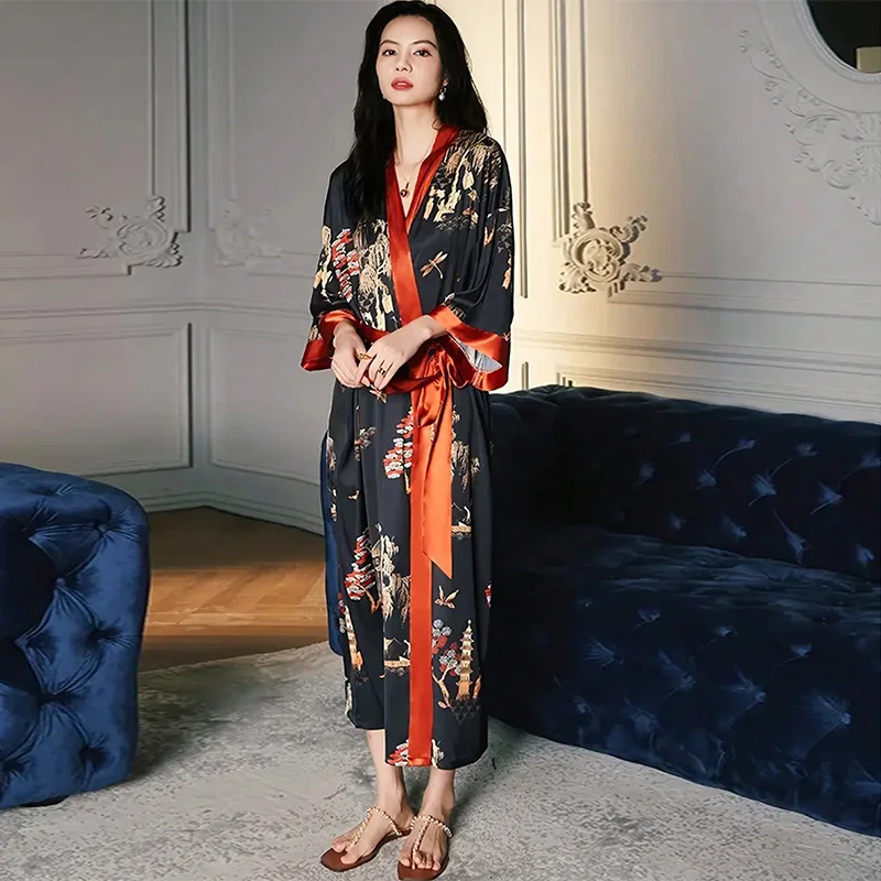 Chinese Style Retro New Chinese Elegant Loose Mid-Length Kimono Cardigan Tie-Up Nightgown Bathrobe Beach Cover-Up Sun Protection Clothing Long Top