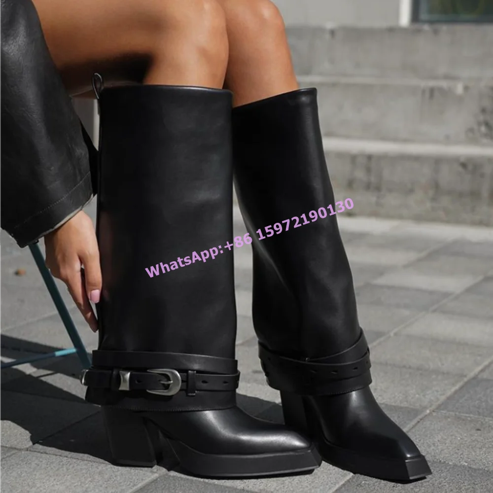 

Retro Buckle Cowgirl Boots Pointy Toe Square Heels Platform Knee High Boots Black All Match Hotties Wide Calf Slouch Boots