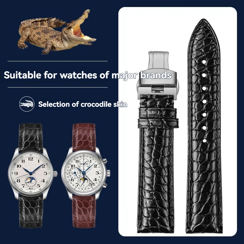 حزام ساعة من جلد التمساح الأصلي 16 ملم 18 ملم 20 ملم لونجين أوميغا سيتيزن تيسو سيجل - مشبك فراشة للجنسين