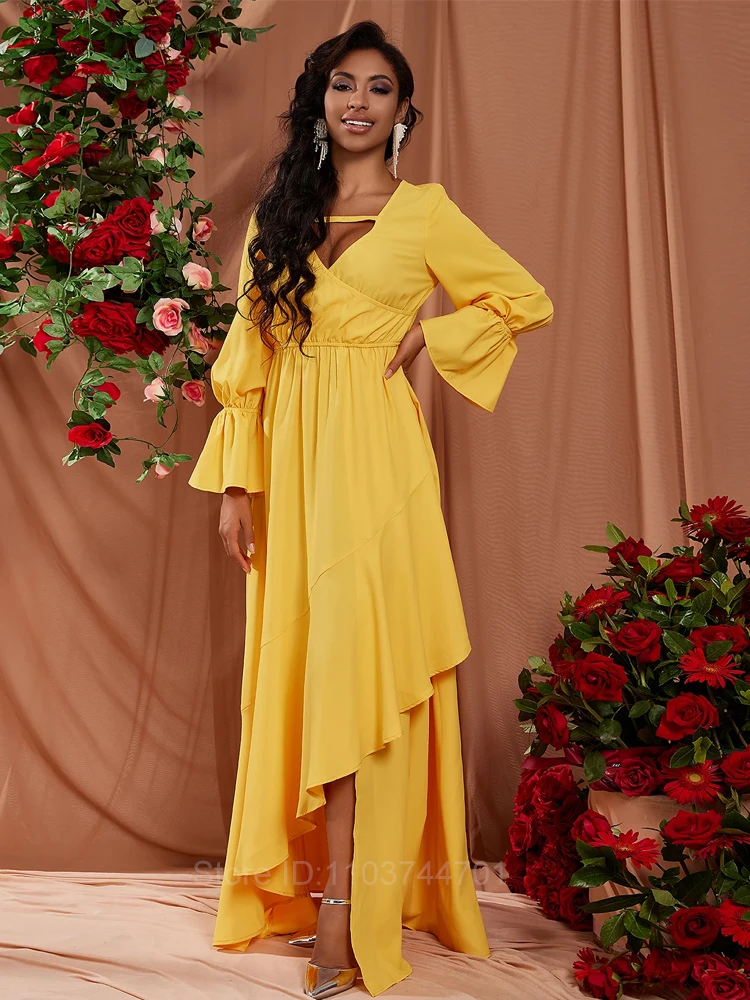 

Spring Summer Fashion Office Ruched Dress Long-sleeved V-neck Yellow Dress Women's Clothing Vestidos Para Mujer