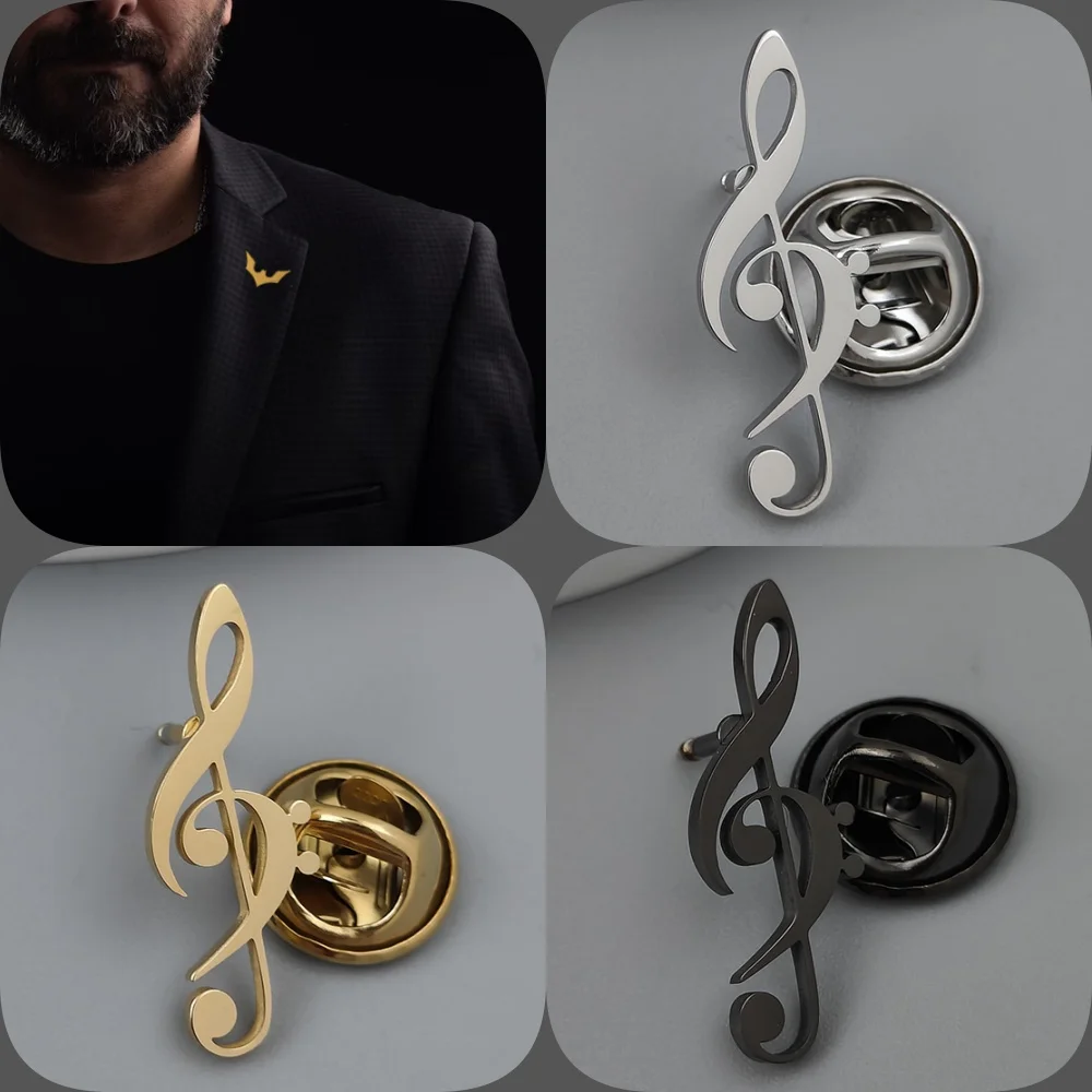 Musical symbol hollow gold-plated badge, men's collar brooch black, silver lapel pin, suit accessories set, branded men's gift