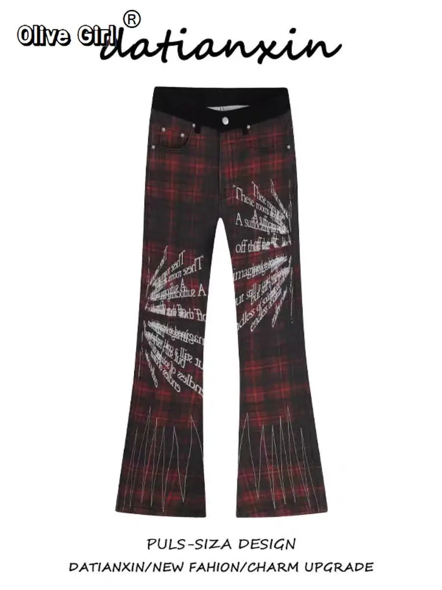 Women Jeans Letter Printed Plaid Vintage Y2k Trousers Aesthetic Harajuku Grunge Gothic Jogger Casual Denim Pants Streetwear