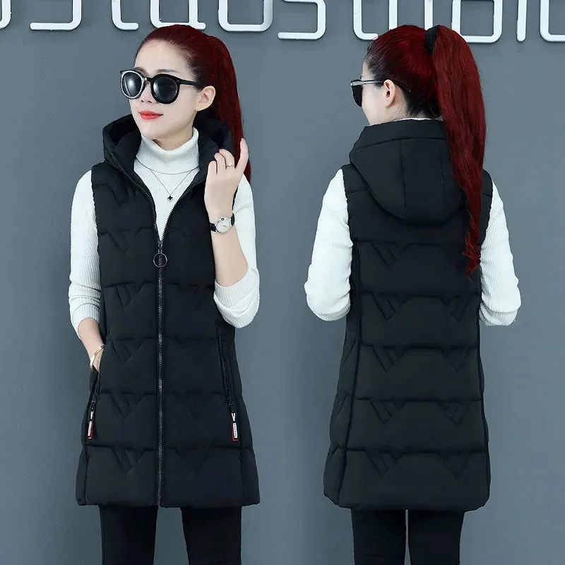 2024New piumino di cotone gilet femminile di media lunghezza giacca da studentessa in piumino di cotone gilet Casual da donna con cappuccio nero L10