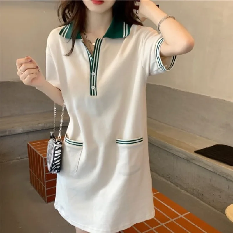 Vestido holgado de manga corta con cuello tipo Polo para jóvenes, prenda informal de gran tamaño con bolsillo de bloque de Color y reducción de la