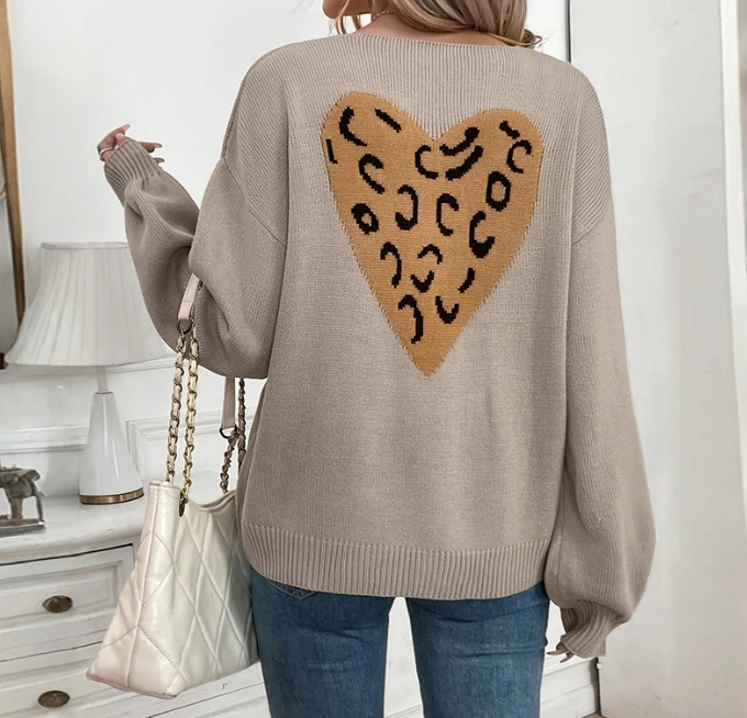 2025 Autumn Winter New Fashion Casual Bow Tie Tie Cardigan Sweater Heart-Shaped Leopard Print Patchwork Knit Sweater for Women