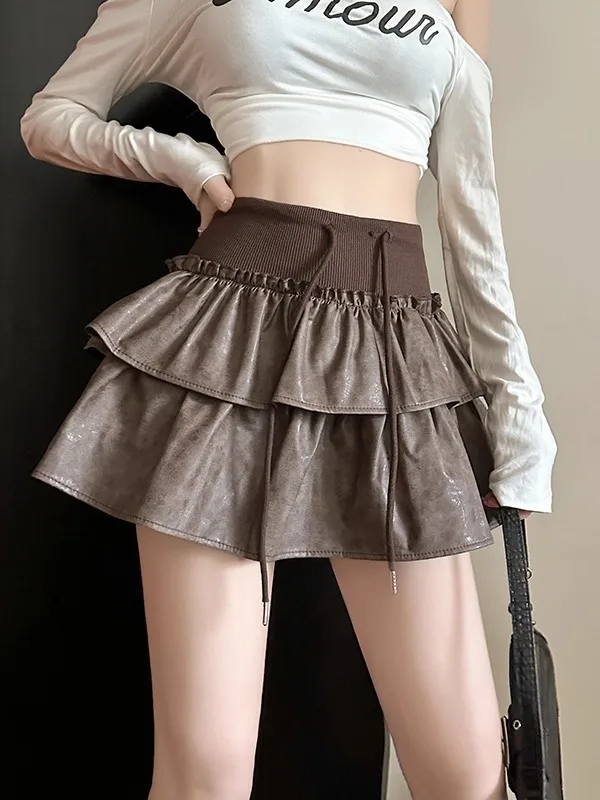 

Retro PU Leather A-Line Skirt Women's Autumn Winter New Style Lace Trim Splice Bodycon Skirt Anti-Light Short Skirt