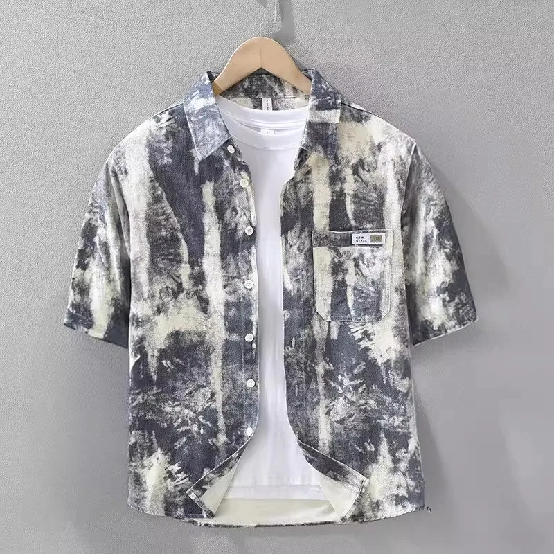 

Loose Casual Men's ort Sve irt Summer Trendy Sle f Sve Jaet Turn-down Collar Lightweight Breathable