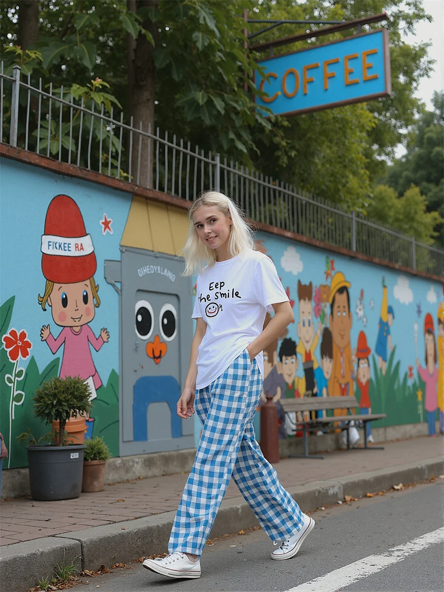 السراويل الفضفاضة للنساء الأزرق الوردي مكبل عارضة عداء ببطء نمط مرونة الخصر الرباط جيوب مريحة فضفاضة تناسب ارتداء اليومي #5