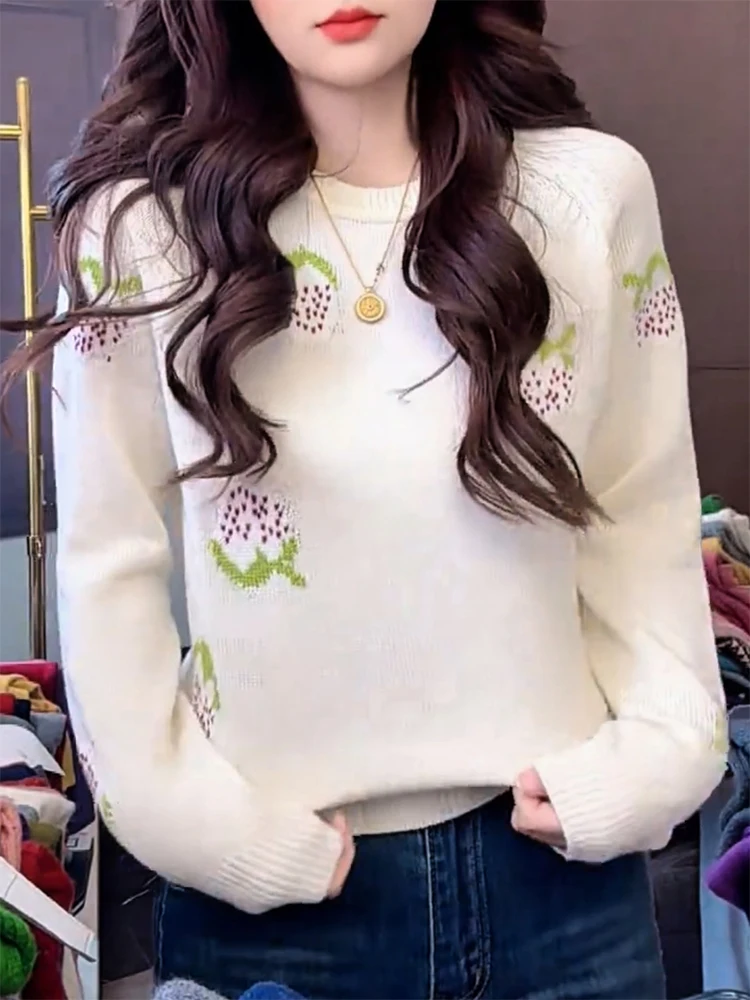 

Korean Sle round Ne Embroidered Flower Sweater Soft Ele Large Size Slimming Top for Autumn Winter Commute