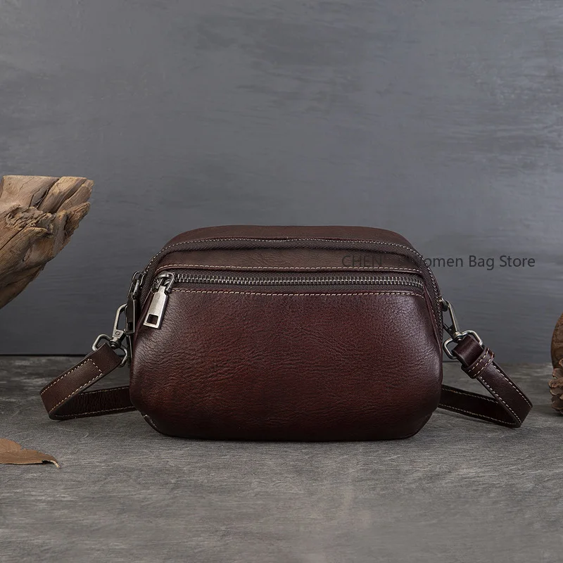 

European and American Retro Leather Small Round Bag, Hand Polished Shoulder Bag, Soft Leather Large Capacity Mini Women's Bag