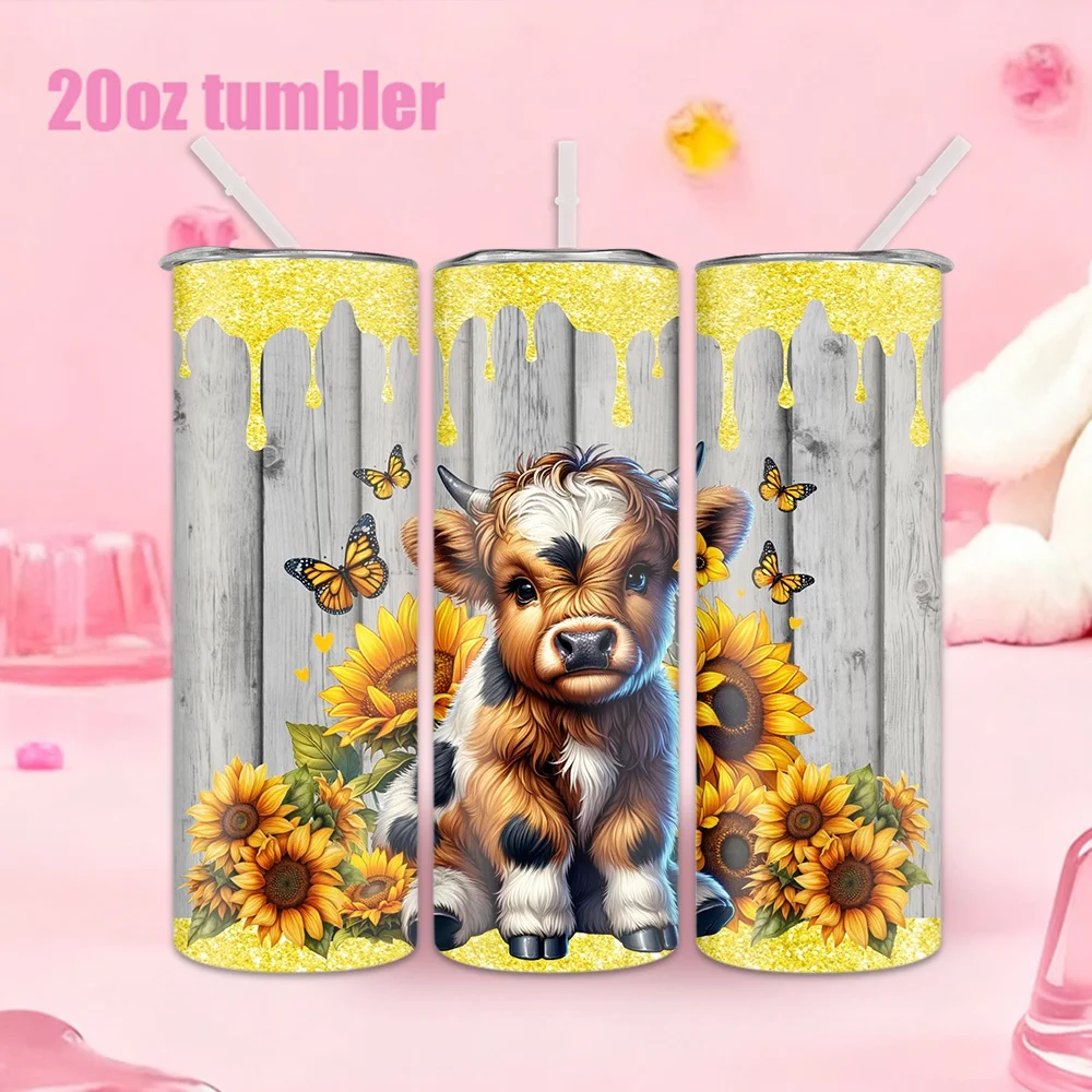 1pc Stainless Steel Water Bottle/Cup with Straw — Calf and Sunflower Pattern, 20oz (591ml)
