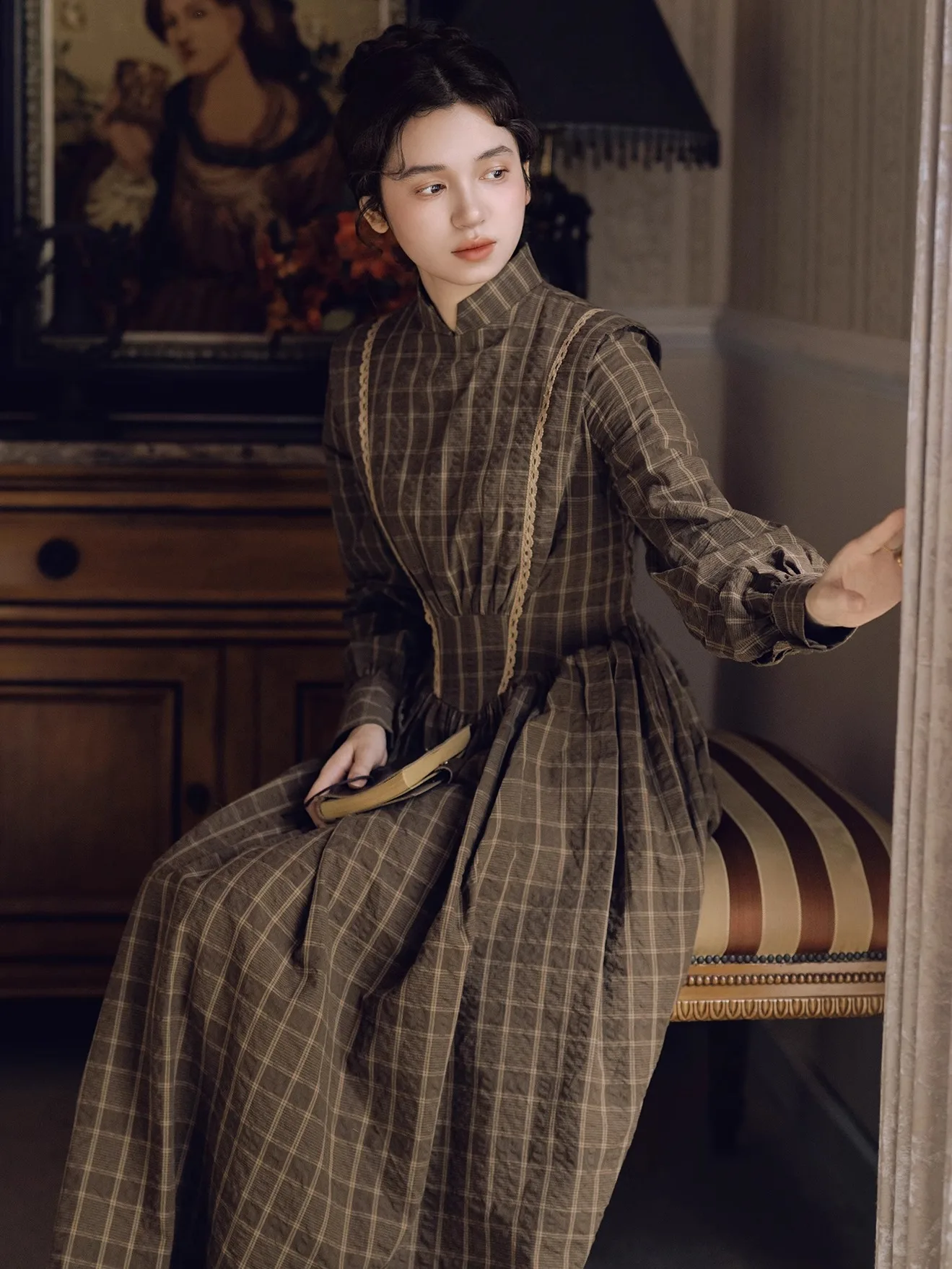 TIYIHAILEY 100% coton Plaid printemps automne femmes robe pleine lanterne manches longue Maxi dames S-XL Vintage taille haute col montant