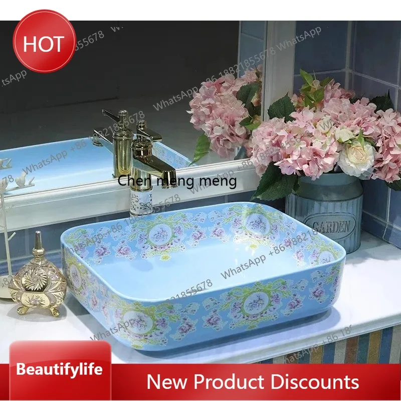 

03 Simple blue countertop basin square wash modern European ceramic bathroom art basin