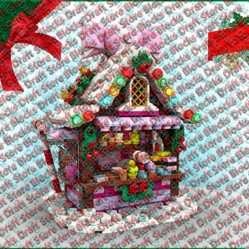 City Street View Model MOC Building Bricks Christmas Candy Shop Stall Modular Technology Gift Holiday Assemble Toy Suit  QWERT