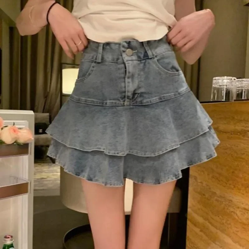 

Mini Denim Skirts Women Preppy Style Sweet Ladies High Street College Solid Vintage Casual Empire Ruffles Ins Mujer Faldas Cute