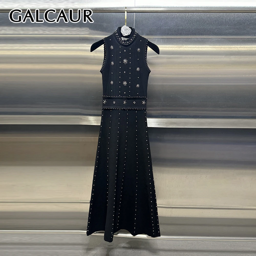 

Черное платье GALCAUR с бисерной отделкой, женское, с воротником-стойкой, без рукавов, свободного кроя, люксовое, в уличном стиле, модное летнее платье для женщин