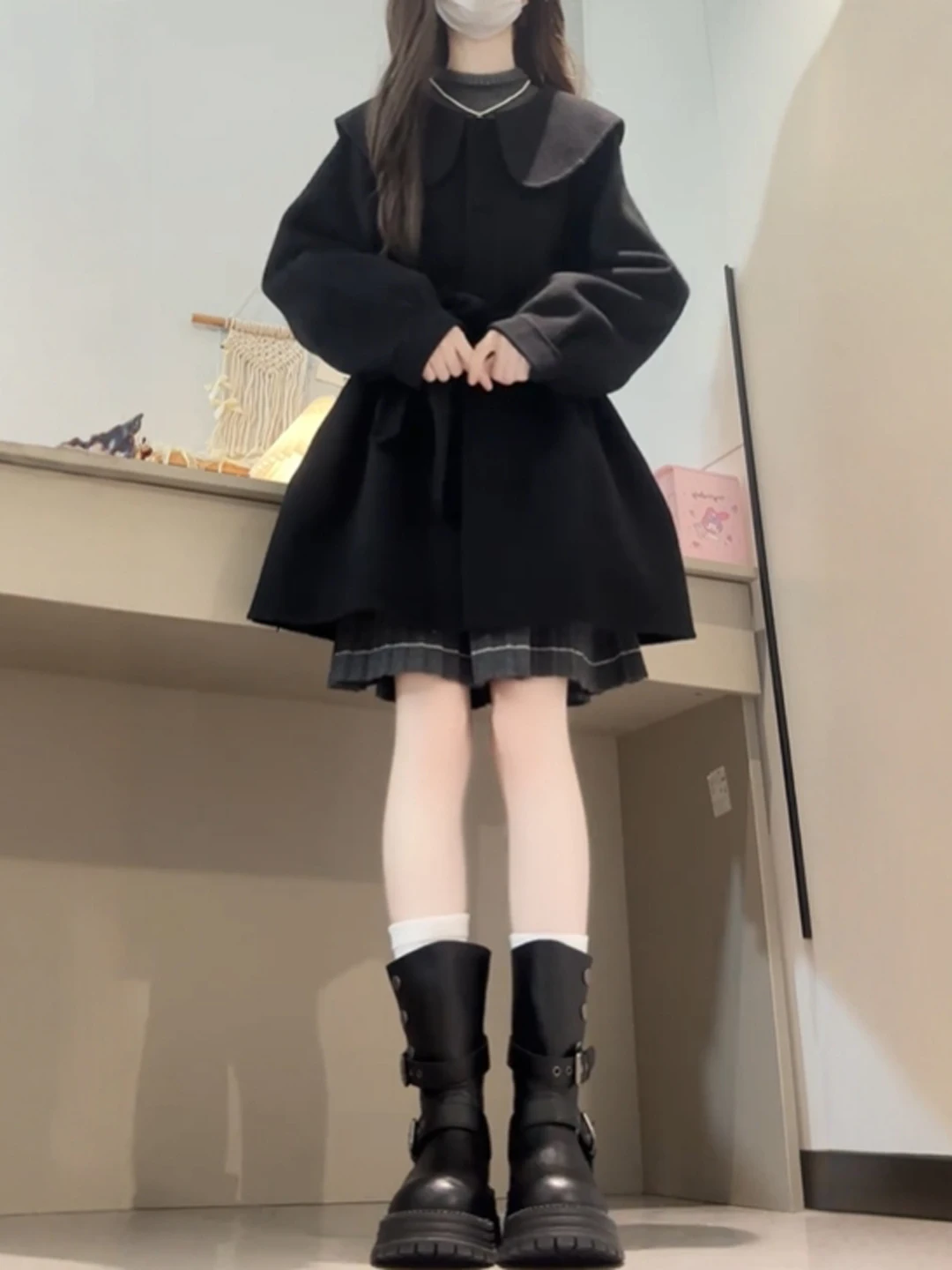 

Ele Bla Woolen Coat Hepburn Sle Doll Collar Faionable mat Winter Outerwear for Women Warm Sli Long Sve