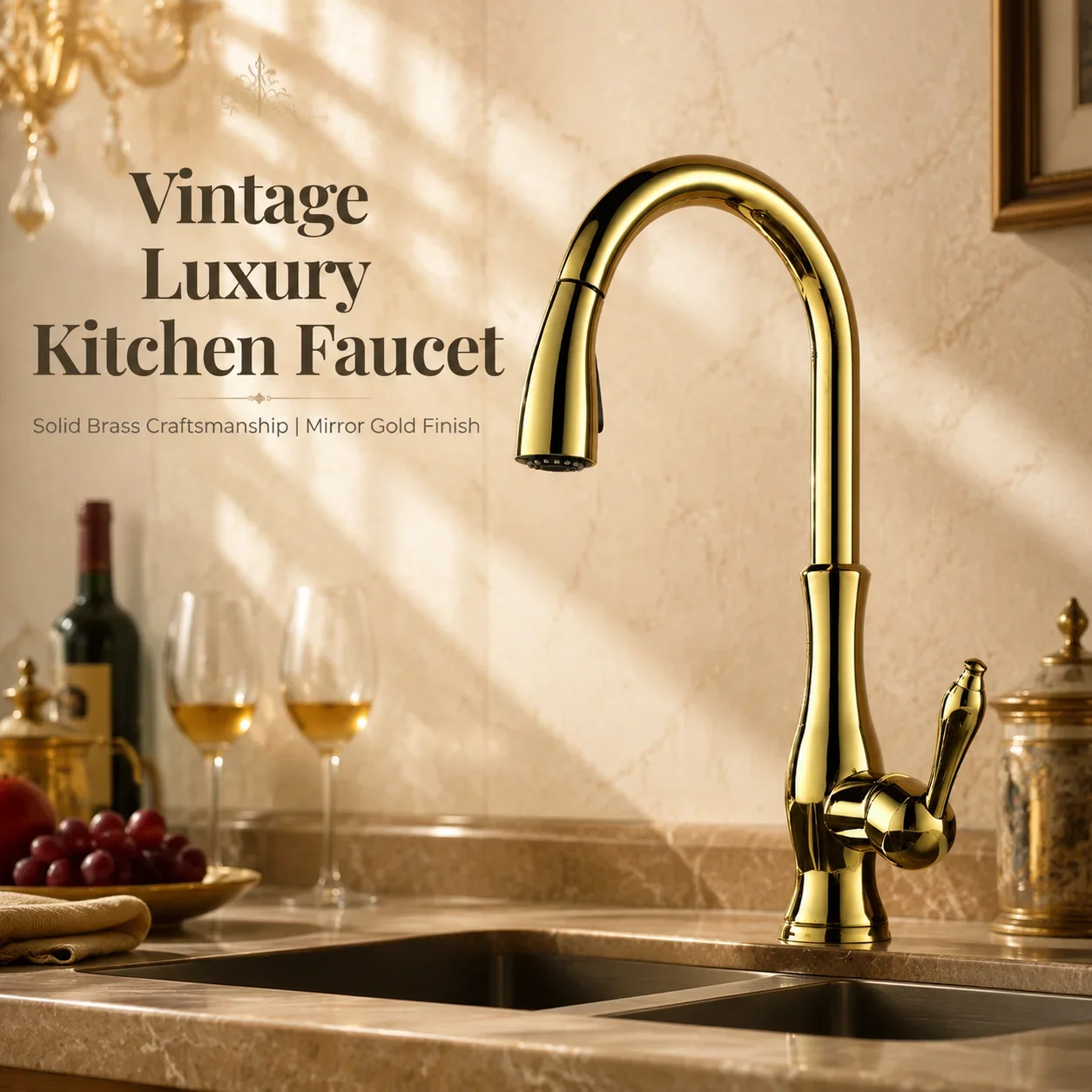 Golden pull-out kitchen sink faucet made of brass material with a single handle for mixing hot and cold water. European retro st