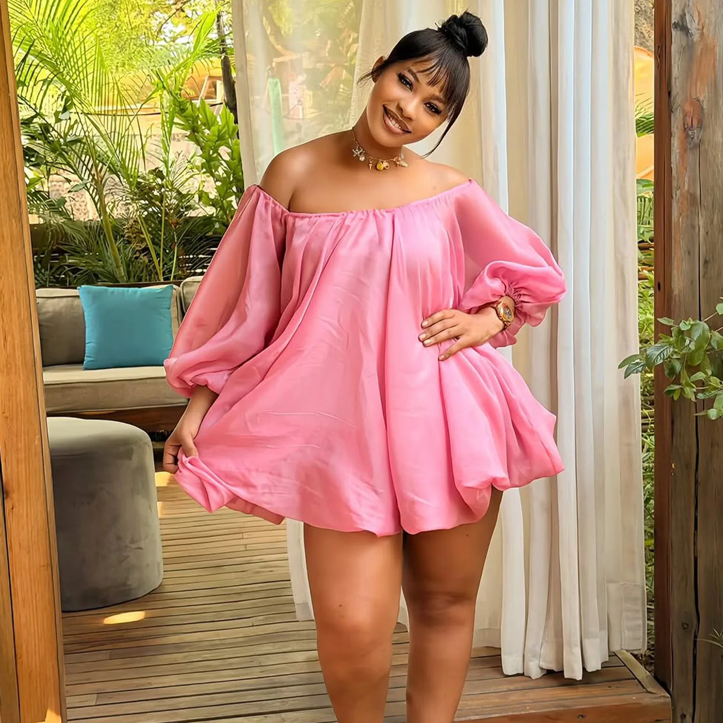 

Sexy plus Size Women's Dress 4XL Romantic Loose Fit High Waist Princess Style Bubble Sleeve Polyester Fiber Adult Wear