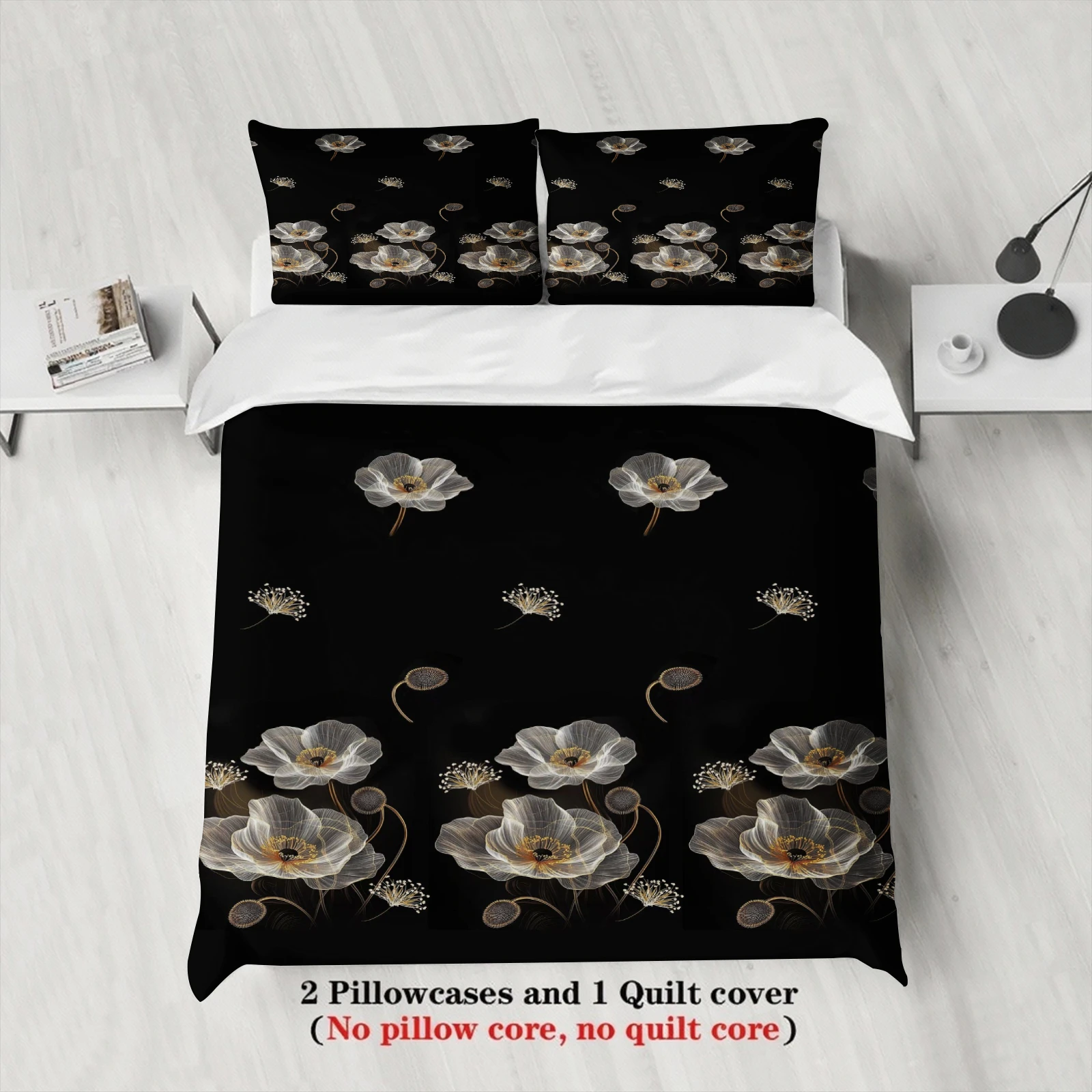 3PCS Black Duvet Cover Set Golden White Flowers Printed Duvet Cover With Pillowcases Single Twin Queen Size Bedding Set for Home