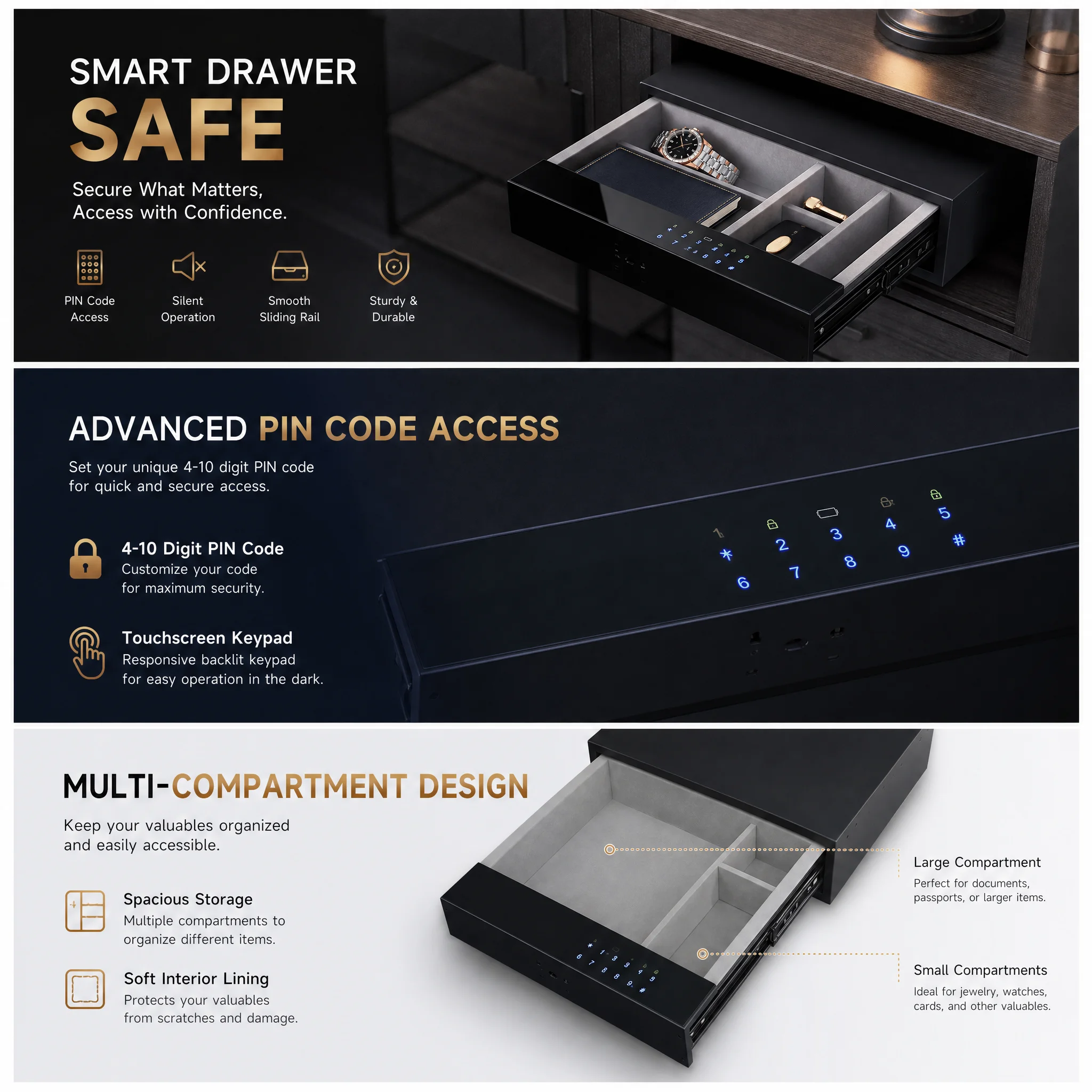 Durable Drawer Password Safe with Fingerprint Locking Mechanism Battery Powered Includes Backup Key for Enhanced Security