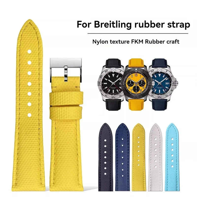 For Breitling Fluororubber Strap Avenger Super Ocean Professional Series Strap Waterproof Nylon Patterned FKM Rubber Watchband