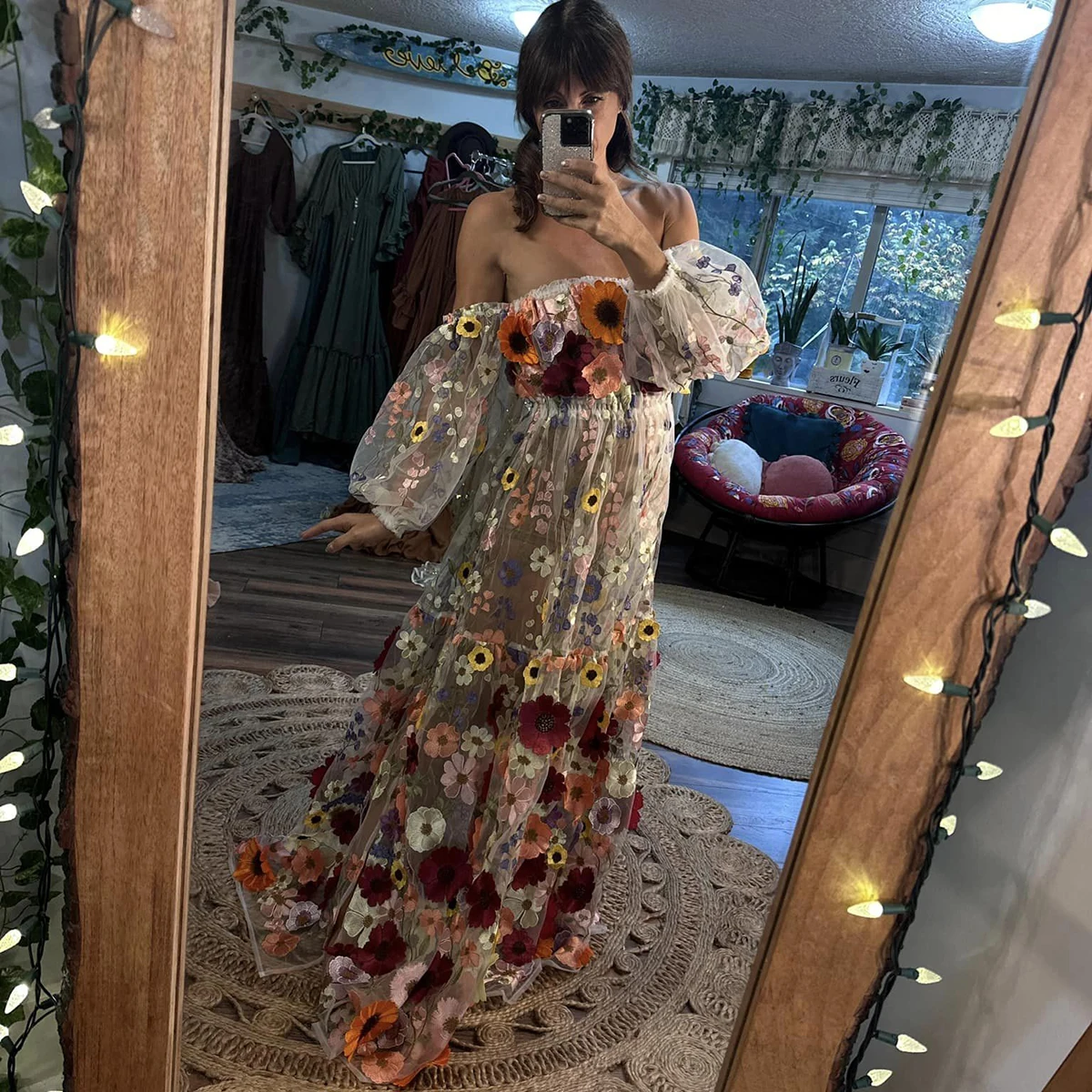 Personalizado duas peças colorido bordado vestido de casamento mangas compridas inchadas sem alças elástico skrit 3d flores vestido de noiva