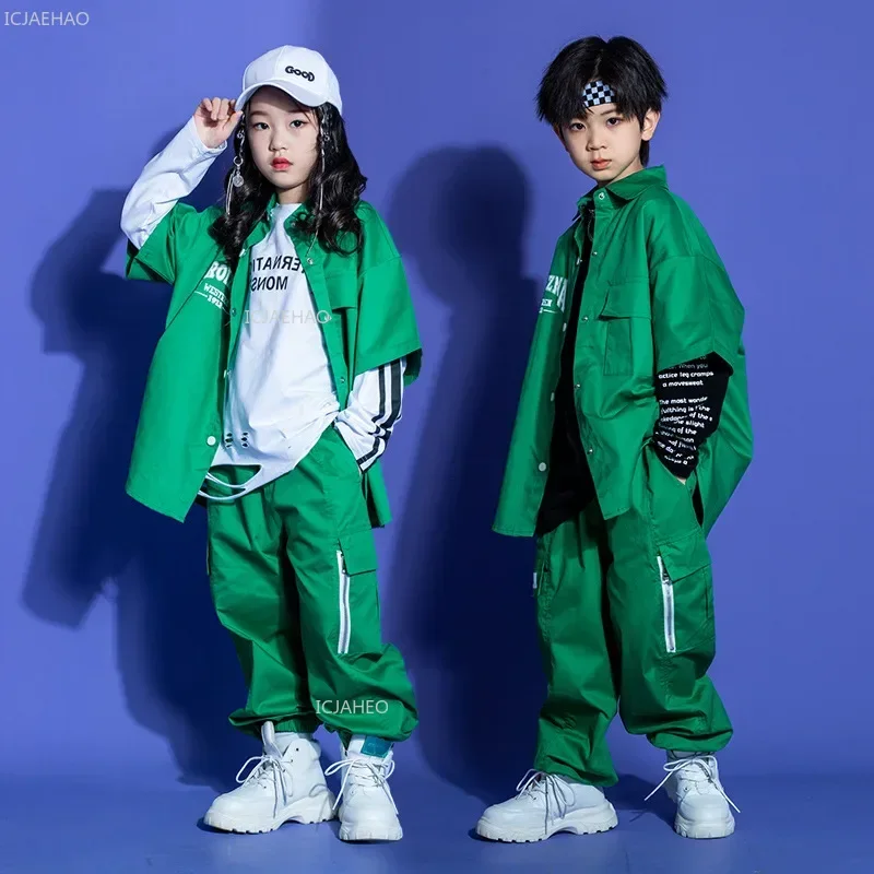 Kids Green Tooling Coat Pants Girls Jazz Dance Clothes Children Boy Street Dance Outfit Hip Hop Costume Drum Show Stage Clothing