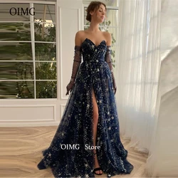 OIMG New Design 2023 Navy Blue Stars Tulle Evening Dresses Sweetheart Split Floor Length Prom Gowns Party Formal Event Dress