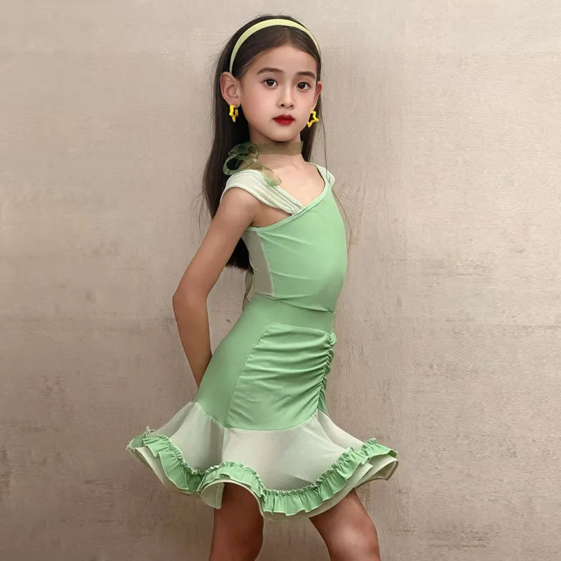 Práctica infantil, disfraz de baile latino, disfraz de práctica de alta gama para niñas, entrenamiento profesional, actuación, práctica de baile, conjunto de traje